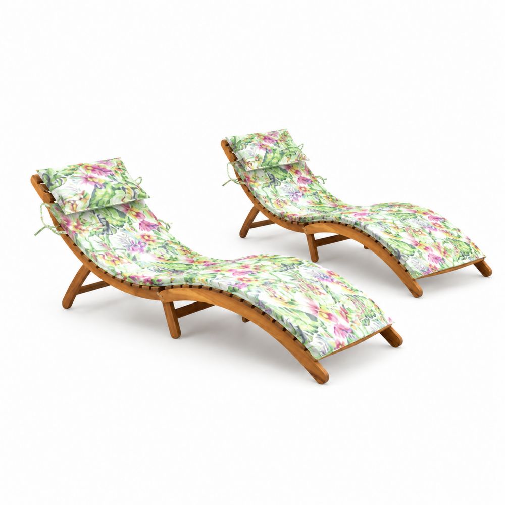 2er Set Outdoor-Lounge-Relaxstühle aus Akazienholz mit Blumenkissen