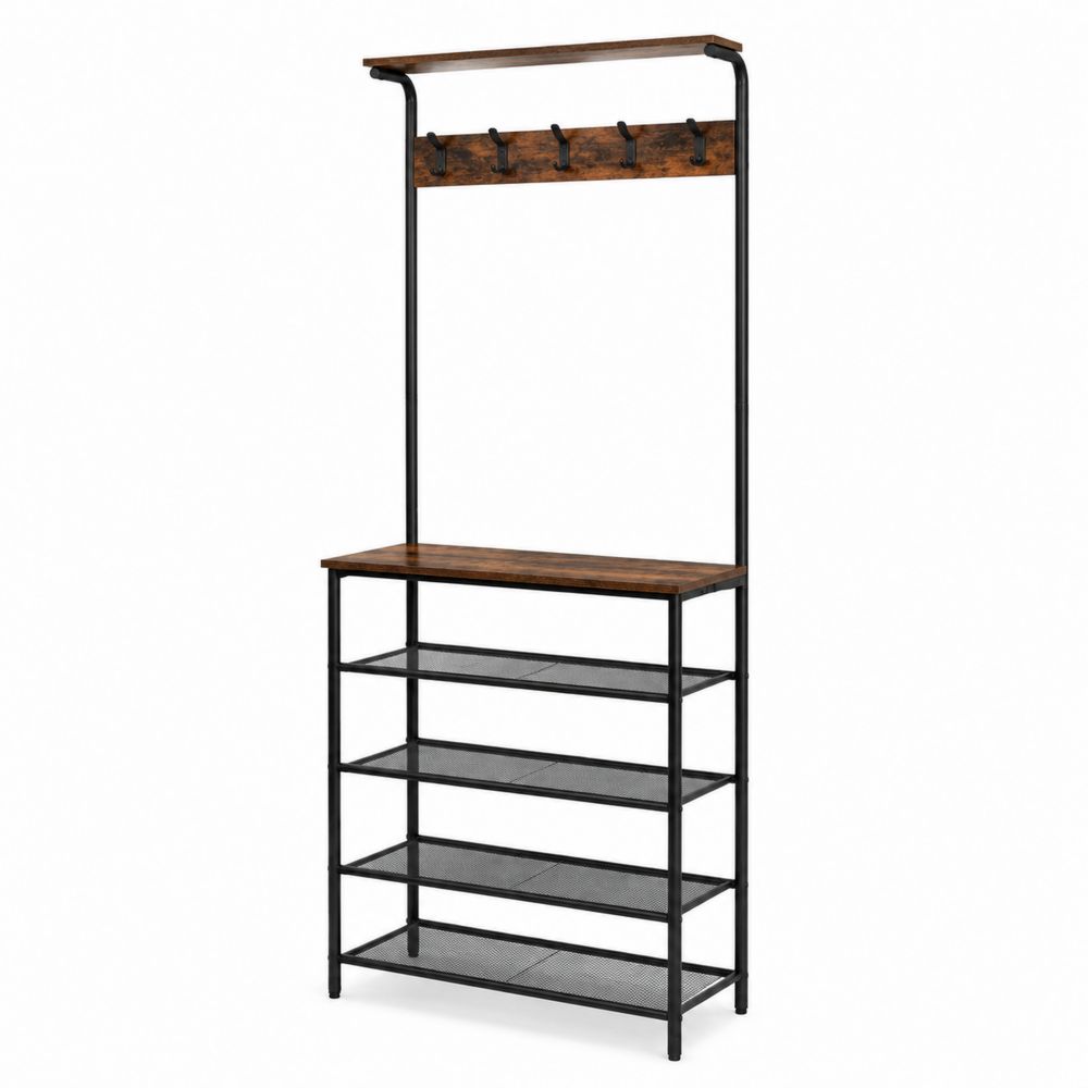 Garderobe mit Metallrahmen und Spanplattenregalen 5 Ablagen 6 Haken Braun/Schwarz