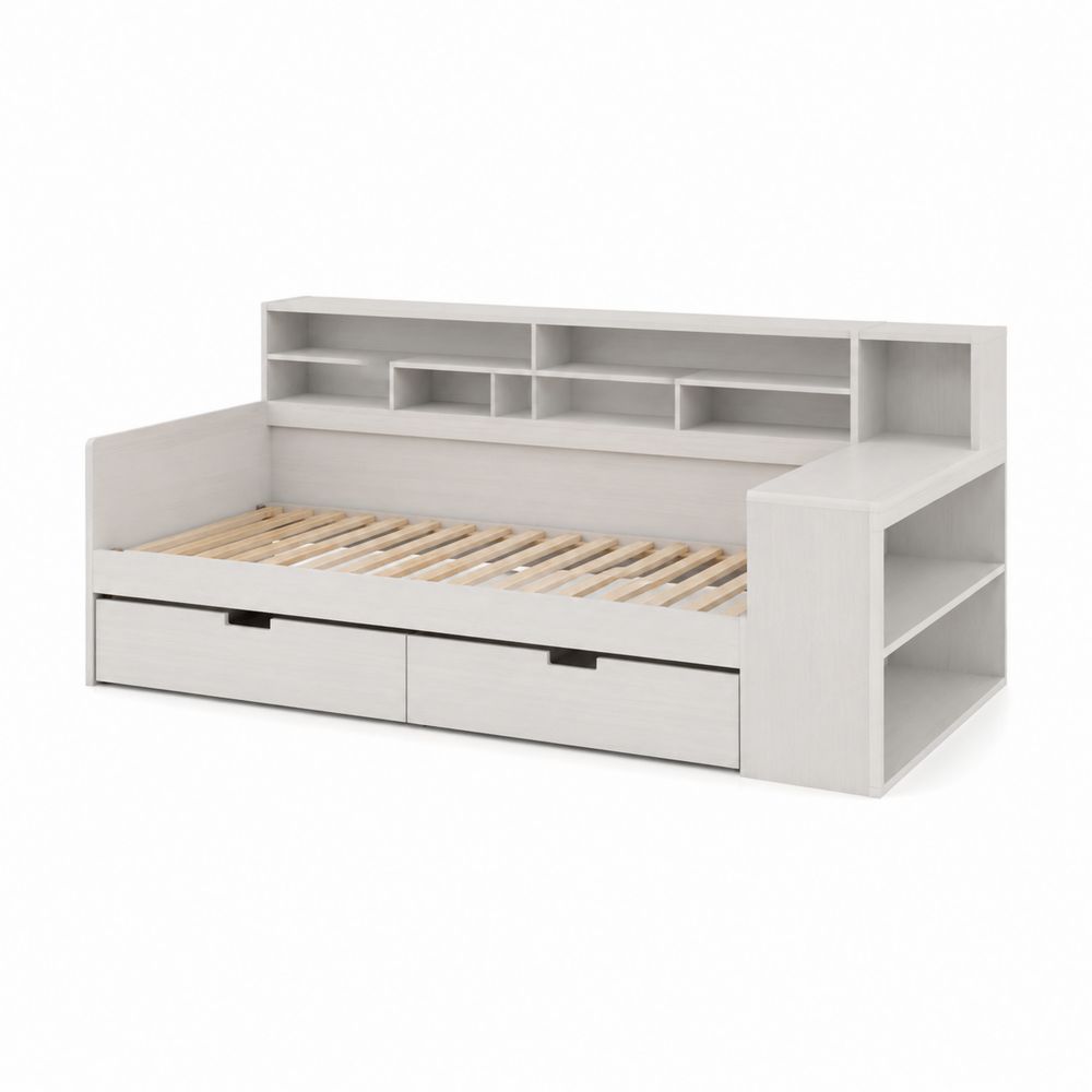 Holzbett mit Stauraum und Regalen aus lackiertem Massivholz weiß 200x90cm