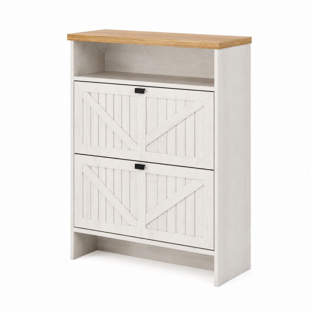 MDF Schuhschrank mit Zwei Klappen Weiß/Naturholz 90x30x100cm