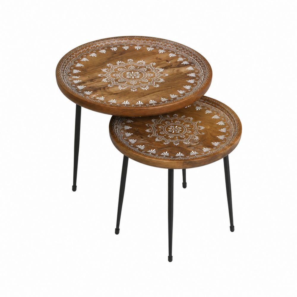 Runde Nesting Couchtische aus Akazienholz mit Stahlbeinen Braun/Schwarz