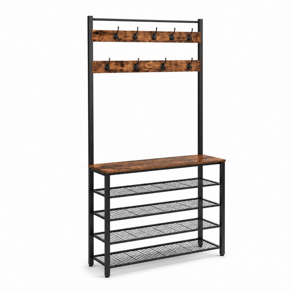 Garderobenständer mit 9 Haken und Sitzbank aus Metall und Holz Braun/Schwarz