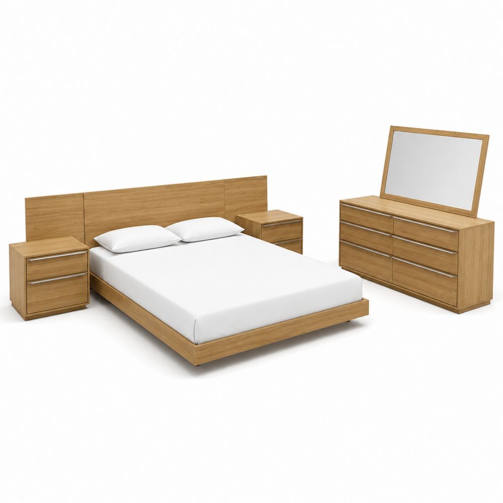 Holz Schlafzimmer-Set mit Doppelbett 200x160 cm, 2 Nachttischen und Kommode mit Spiegel in Eiche
