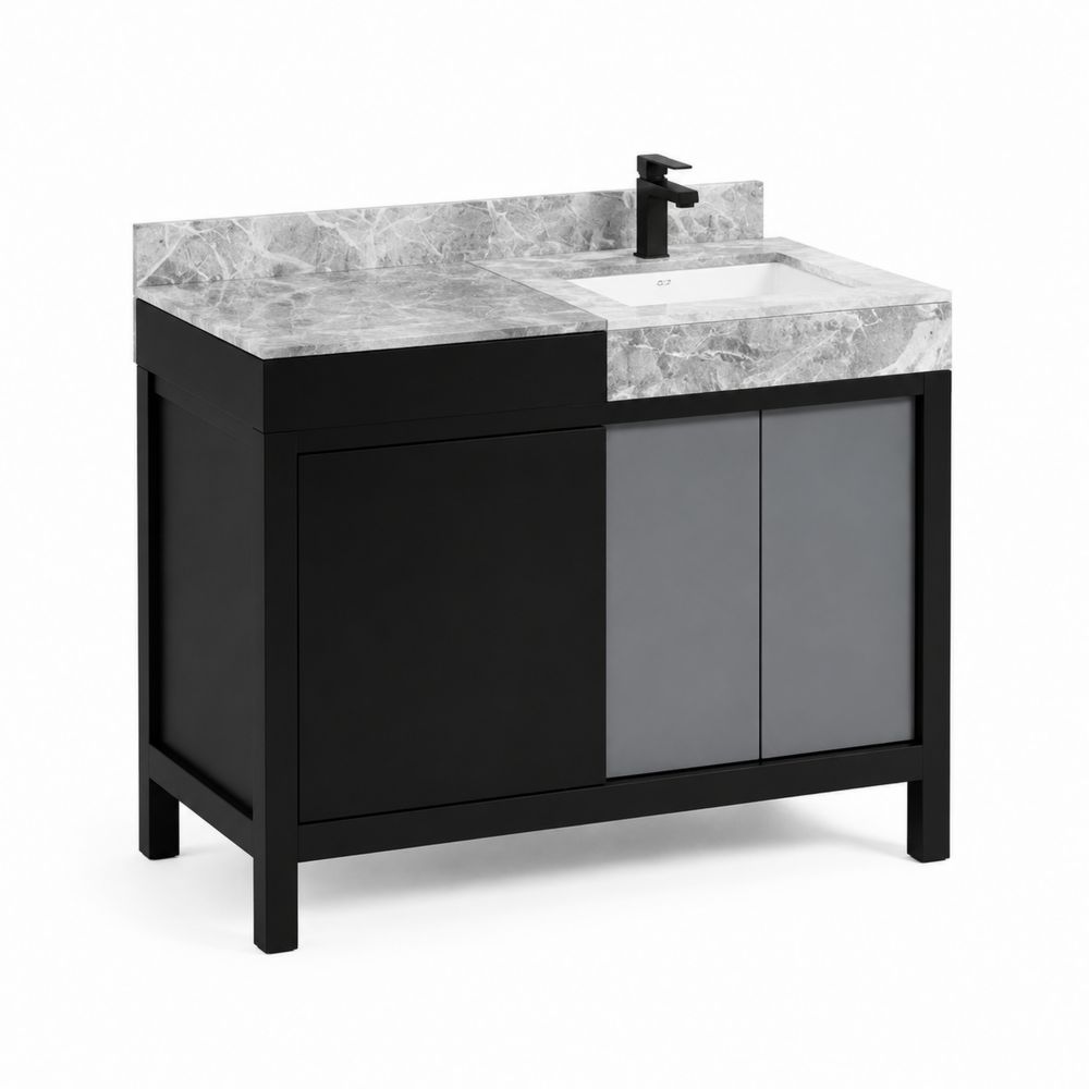 Waschtischunterschrank mit MDF und Metallrahmen, Marmorplatte in Schwarz und Grau