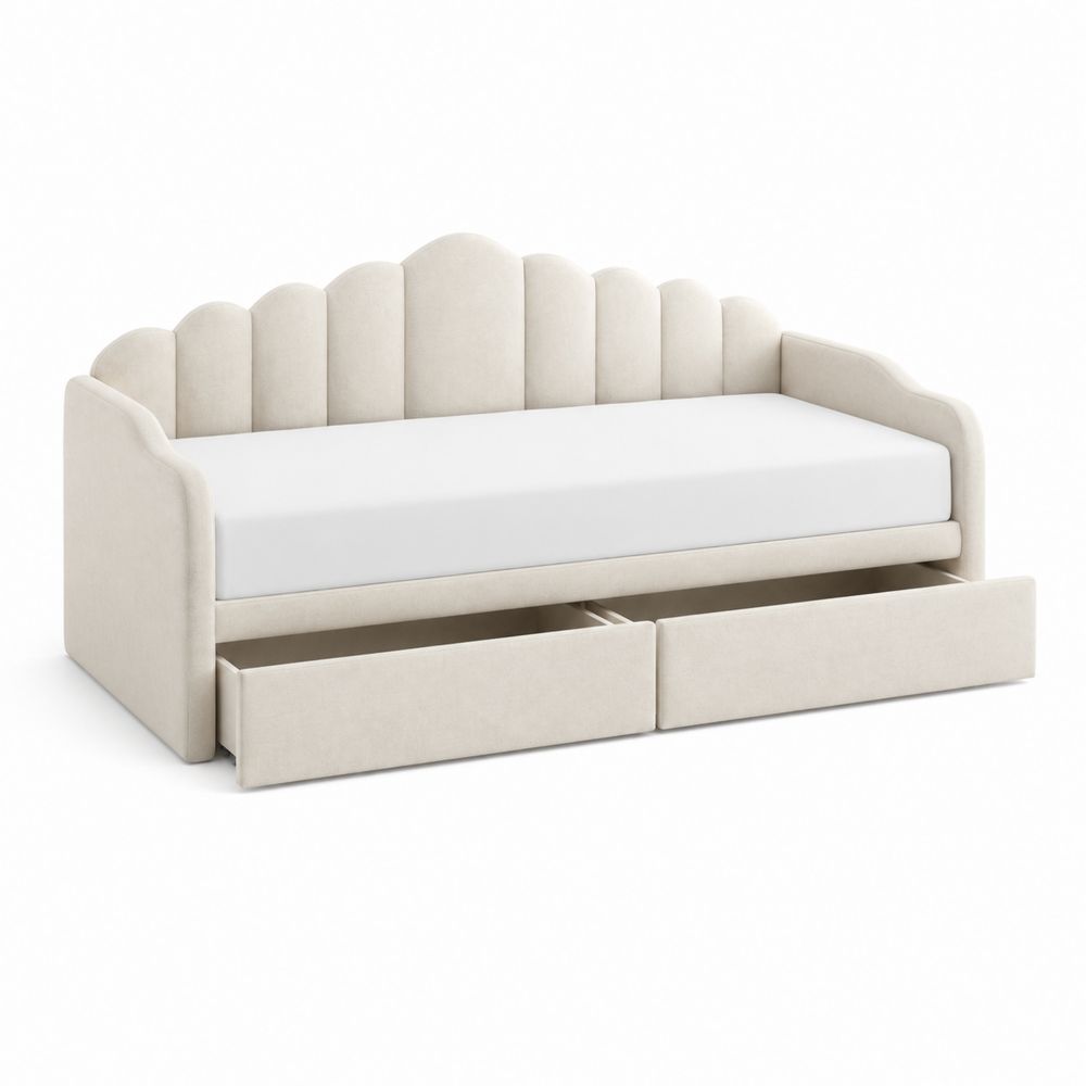 Tagesbett mit Wellenkopfteil und Schubladen Stoff Beige