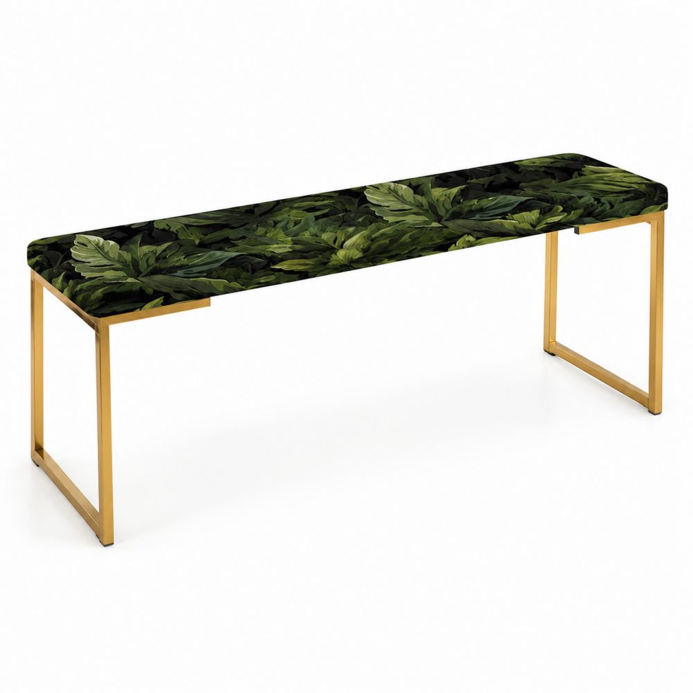 Sitzbank 120x40x45 cm mit Samtbezug in Blättermuster und Metallrahmen Gold