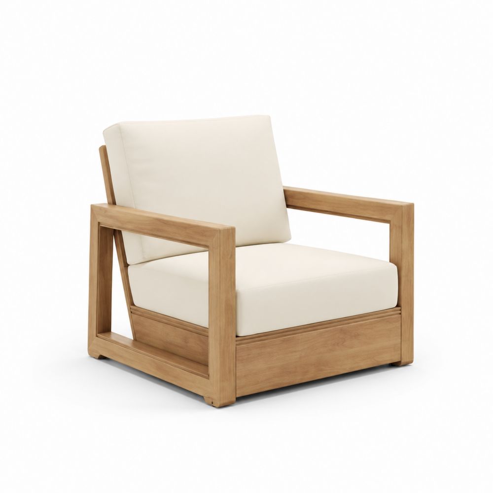 Outdoor Clubsessel aus Teakholz mit Creme Polyesterkissen
