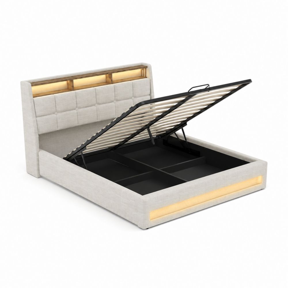 Bett mit Stauraum Polsterkopfteil LED-Licht Metall und Leinen Beige