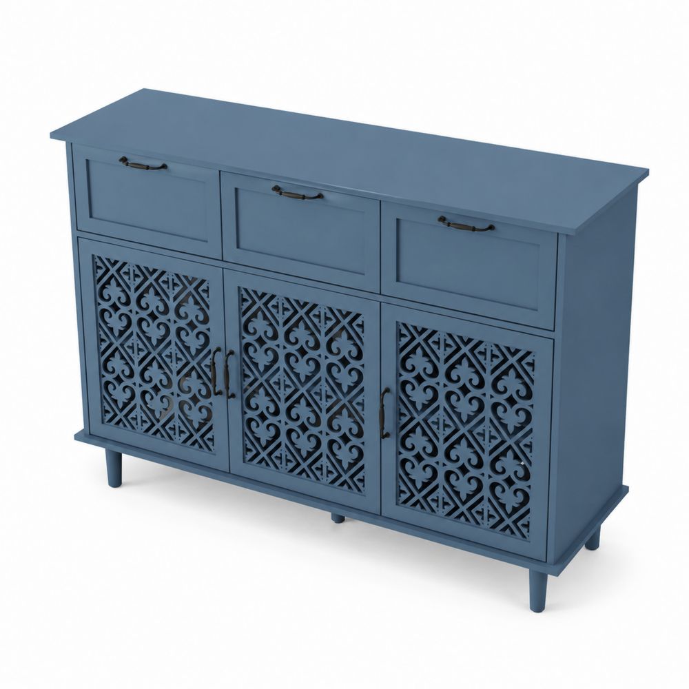 Sideboard aus Holz mit Schnitzmuster Blau 80 x 110 x 35 cm