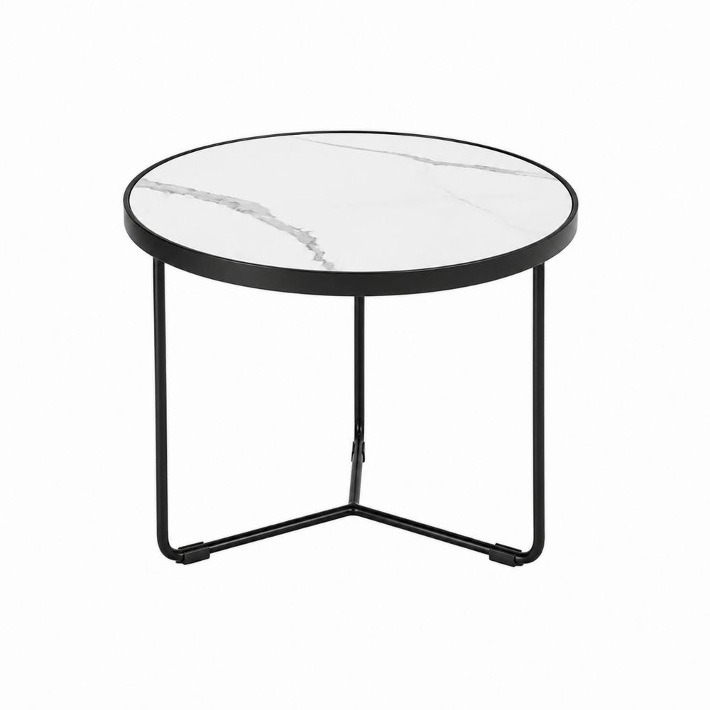 Runder Couchtisch mit Tischplatte aus Marmoroptik, Metallgestell, Weiß/Schwarz, Ø 50 cm x Höhe 45 cm