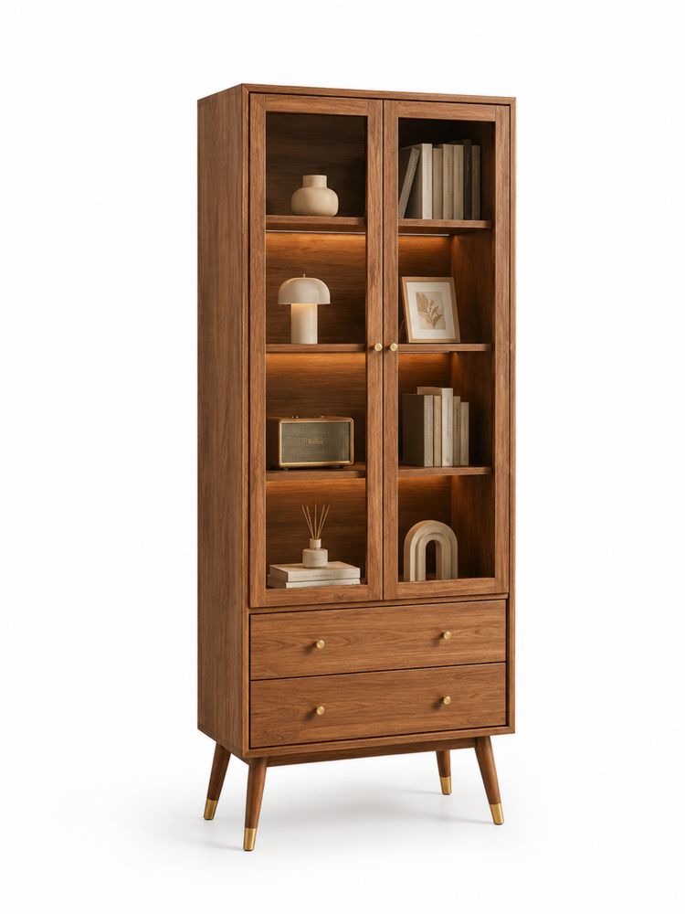 Vitrine aus Walnussholz mit Glastüren und Schubladen Braun 180cm x 80cm x 40cm