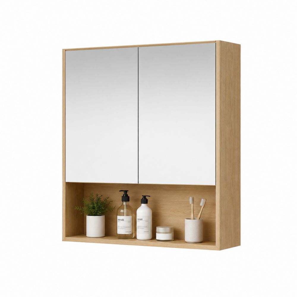 Badezimmerspiegelschrank mit Doppelspiegeltüren aus Eichenfurnier 60x75x15 cm
