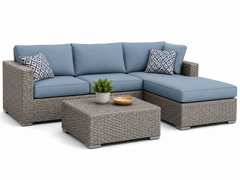 Gartensofa Lounge-Set Ecksofa mit Tisch Aluminium Polyrattan Blau Kissen
