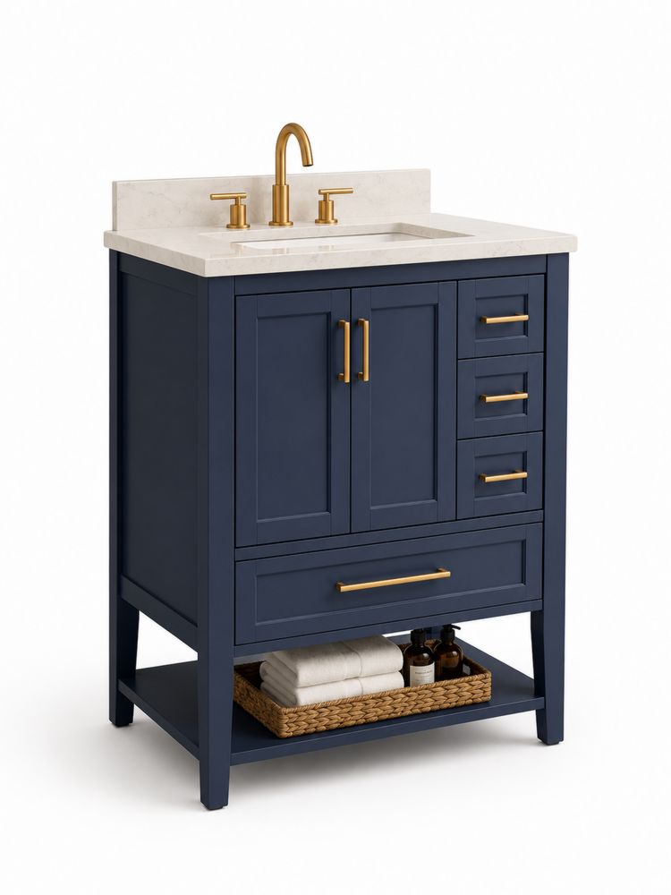 Einzelwaschtisch mit Marmoroberfläche und Holzschrank in Blau