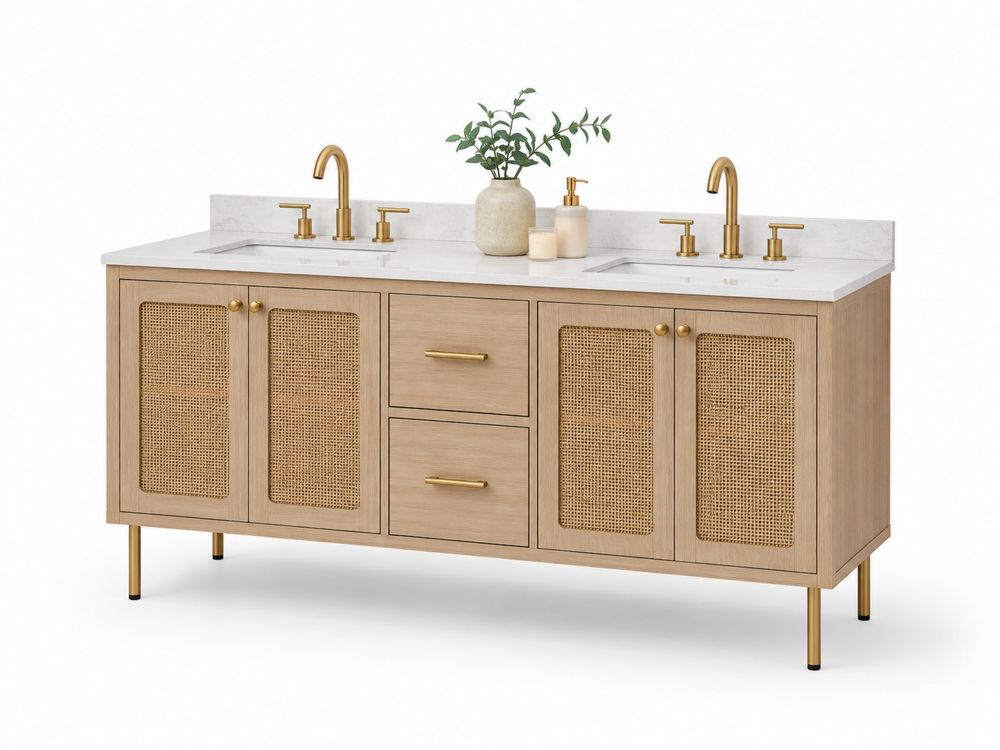 Waschtischunterschrank aus Holz mit Marmorplatte und Messingbeschlägen 160 cm