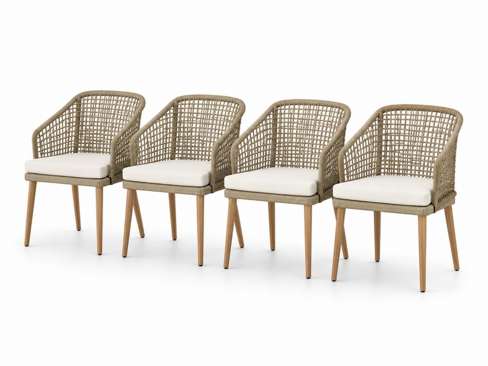 4er-Set Edelstühle mit Armlehnen, Rattan, Teakholz, Creme