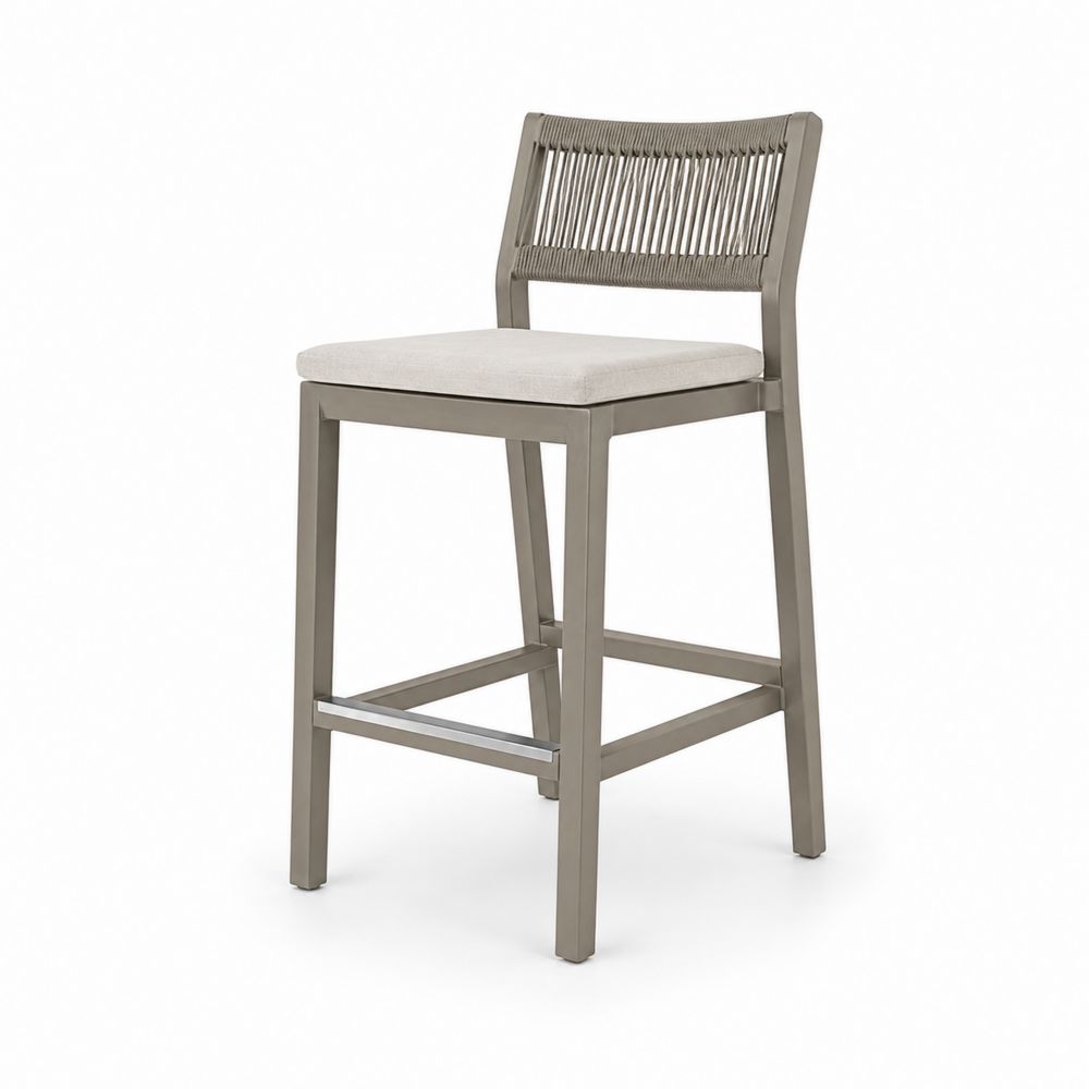Barhocker aus Aluminium mit Geflecht Rückenlehne Beige