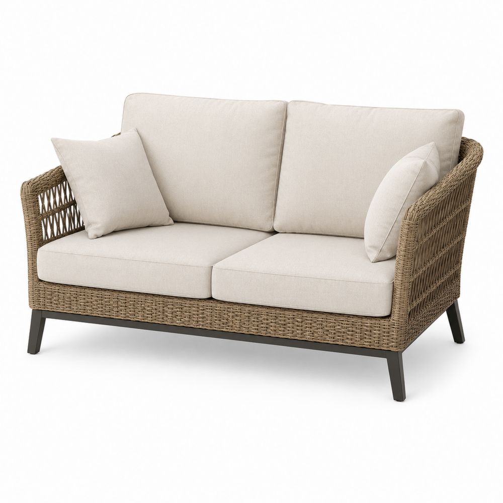 Outdoor Sofa Zweisitzer Polyethylengeflecht Beige Polster Stahlrahmen