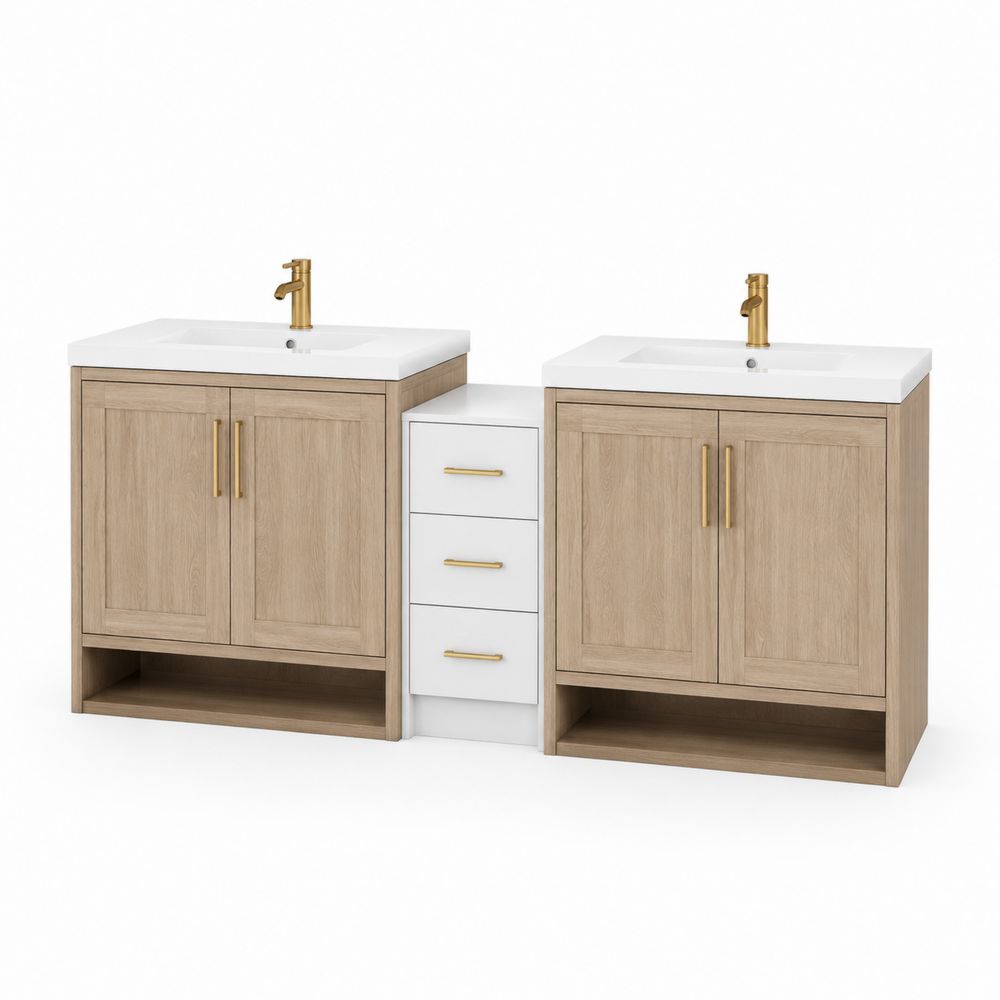 Doppelwaschtisch Set in Holzoptik mit weißem Keramik Waschbecken und Schubladen 180cm
