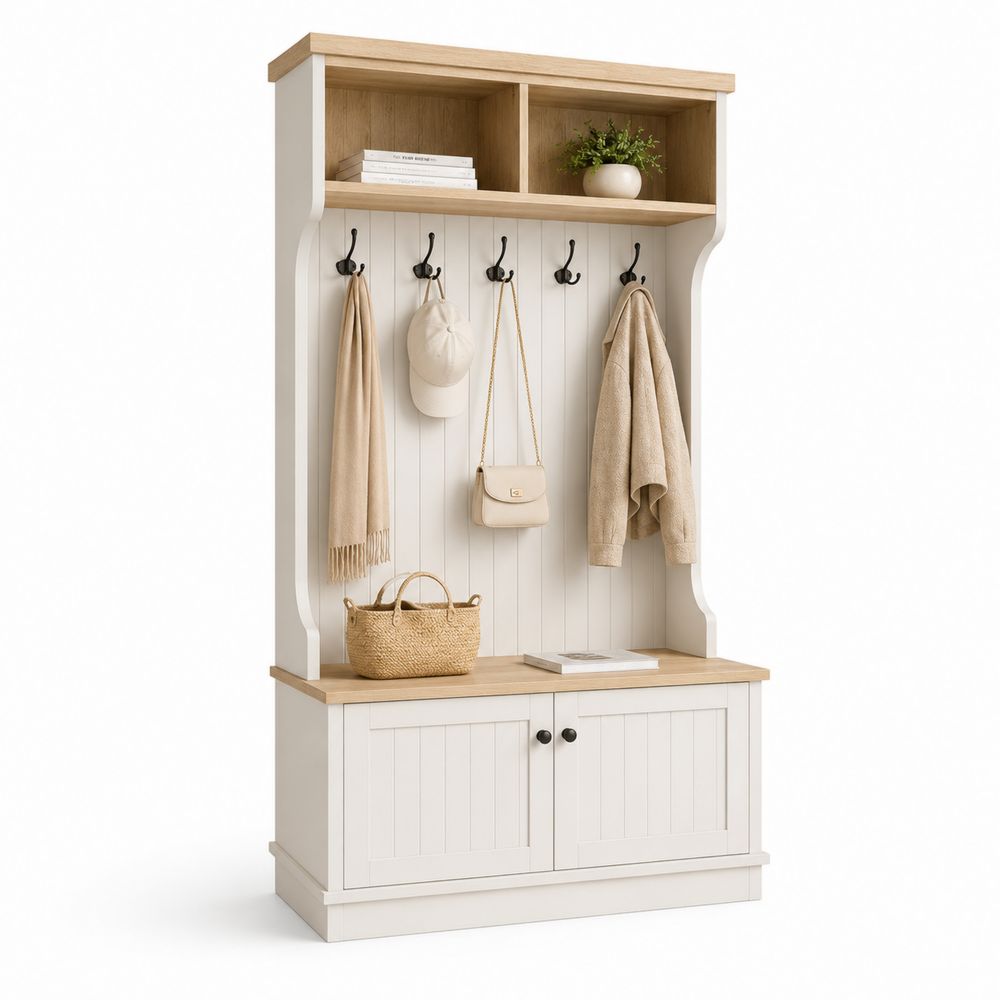 Garderobenkombination MDF mit Kleiderhaken und Schrank Weiß/Eiche 180x100x40cm