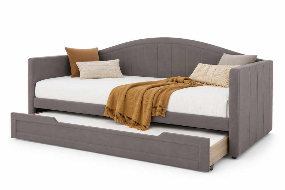 Tagesbett mit Ausziehbett, Holzgestell und Stoffbezug Grau