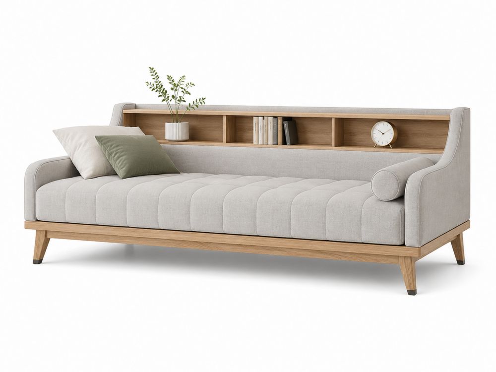 Schlafsofa mit Regal, Eichenholz und Leinenstoff, Hellgrau