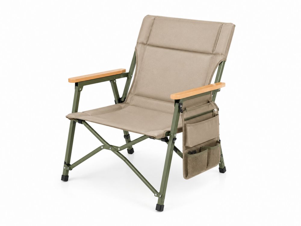 Faltstuhl aus Aluminium mit Polyestergewebe und Holzarmlehnen in Beige