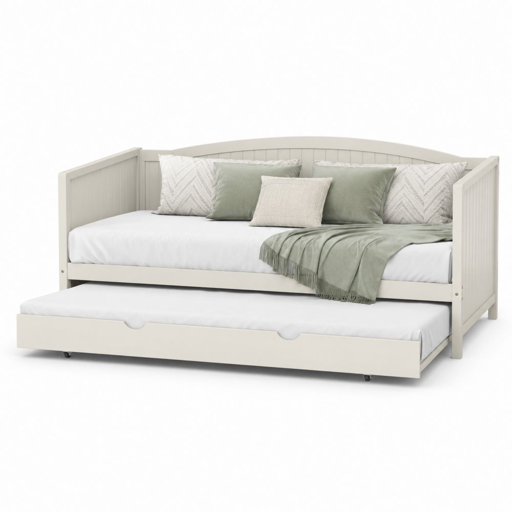 Holz Tagesbett mit Ausziehbett und Kissen Beige