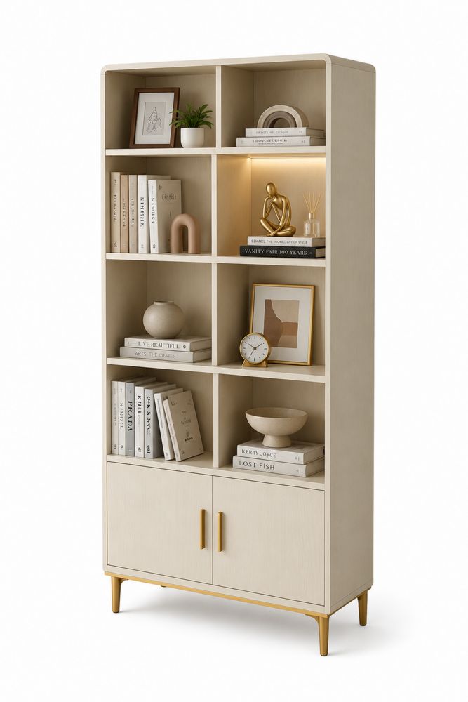 Bücherregal aus Holzwerkstoff Beige mit Metallbeinen und Beleuchtung 180x90x35cm