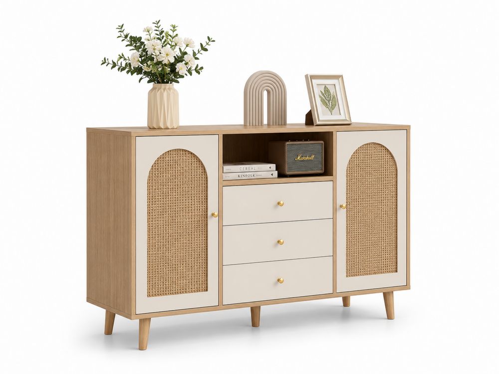 Holz Kommode mit Rattangeflecht und 3 Schubladen Beige