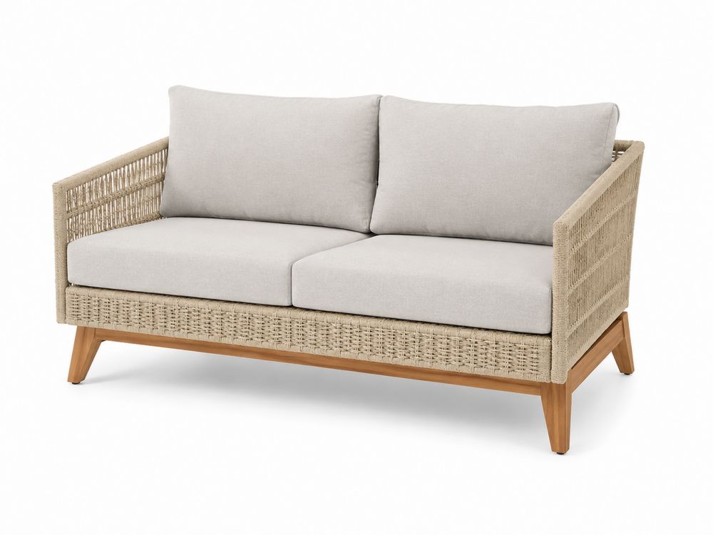 Outdoor-Zweisitzer-Sofa Polyrattan Beige mit Teakholzrahmen