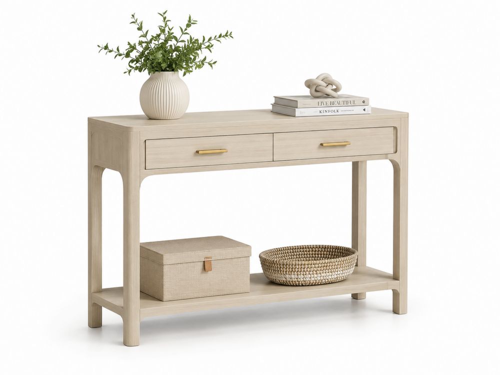 Holzkonsolentisch in Beige mit Schubladen und Ablage