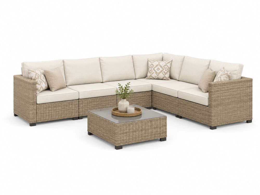 Modulares Gartensofa-Set L-Form Rattan Aluminium Beige Creme