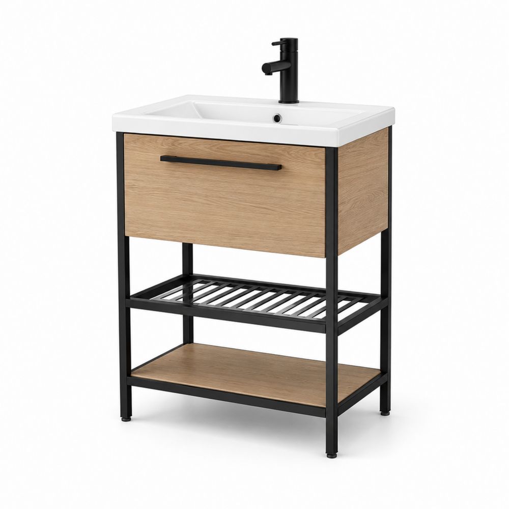 Waschtischunterschrank mit Keramikwaschbecken, Holzoptik und Schwarzem Metallgestell