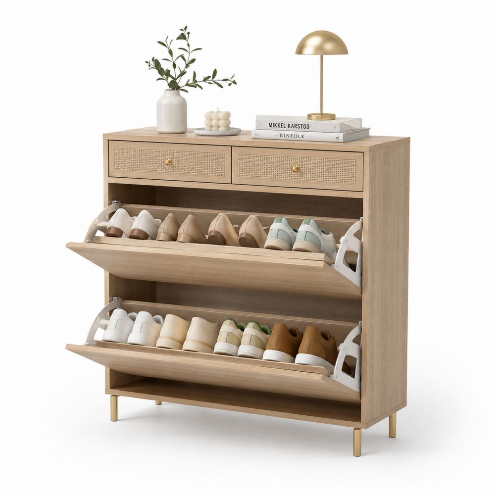 Schuhschrank MDF mit Eichenfurnier und Metallfüßen 90x30x110cm