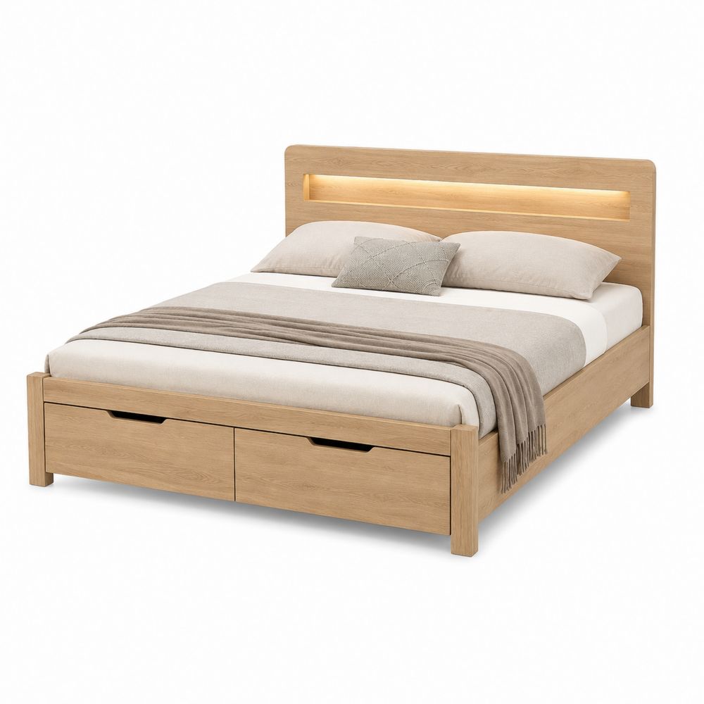 Doppelbett aus Holz mit LED-Kopfteil und Stauraum 200x160 cm Natur