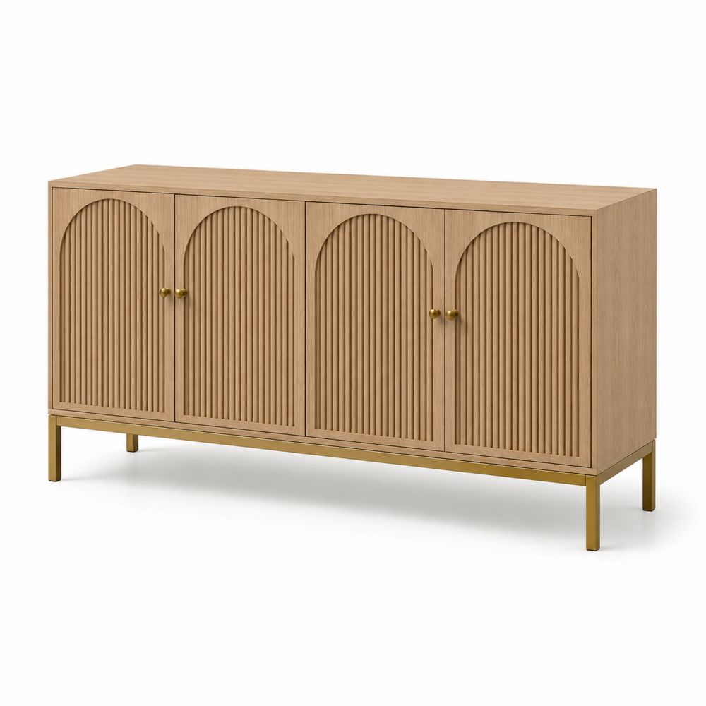 Sideboard aus Eichenholzfurnier und Metall, 180x75x40cm, Natur/Gold