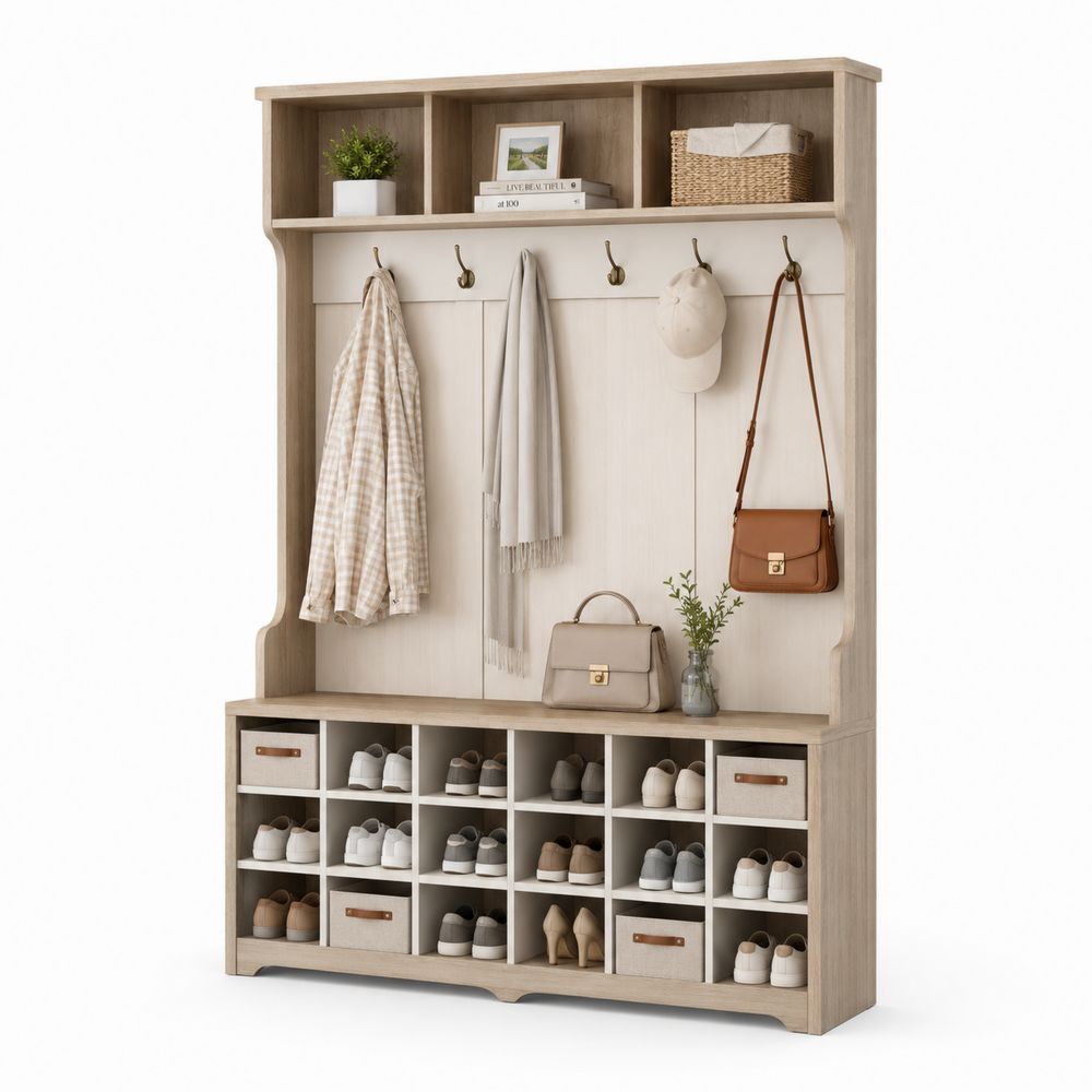Garderobenkombination Holzregal mit Schuhfächern und Haken Beige