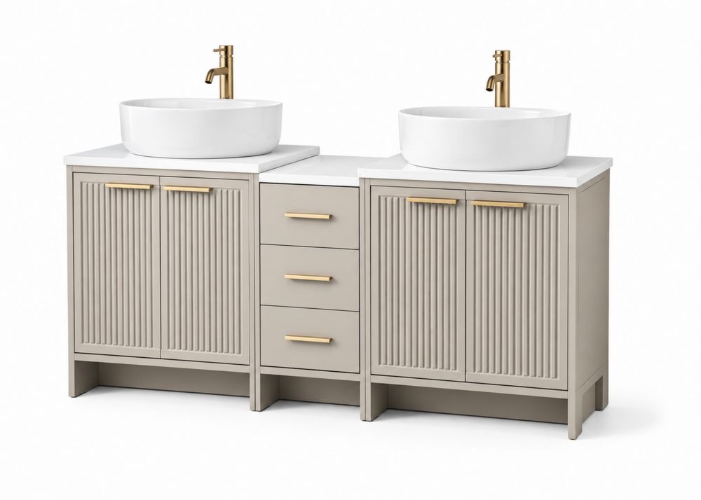 Doppelwaschtischunterschrank aus MDF mit Keramikbecken und goldenen Armaturen, 180 cm, Beige