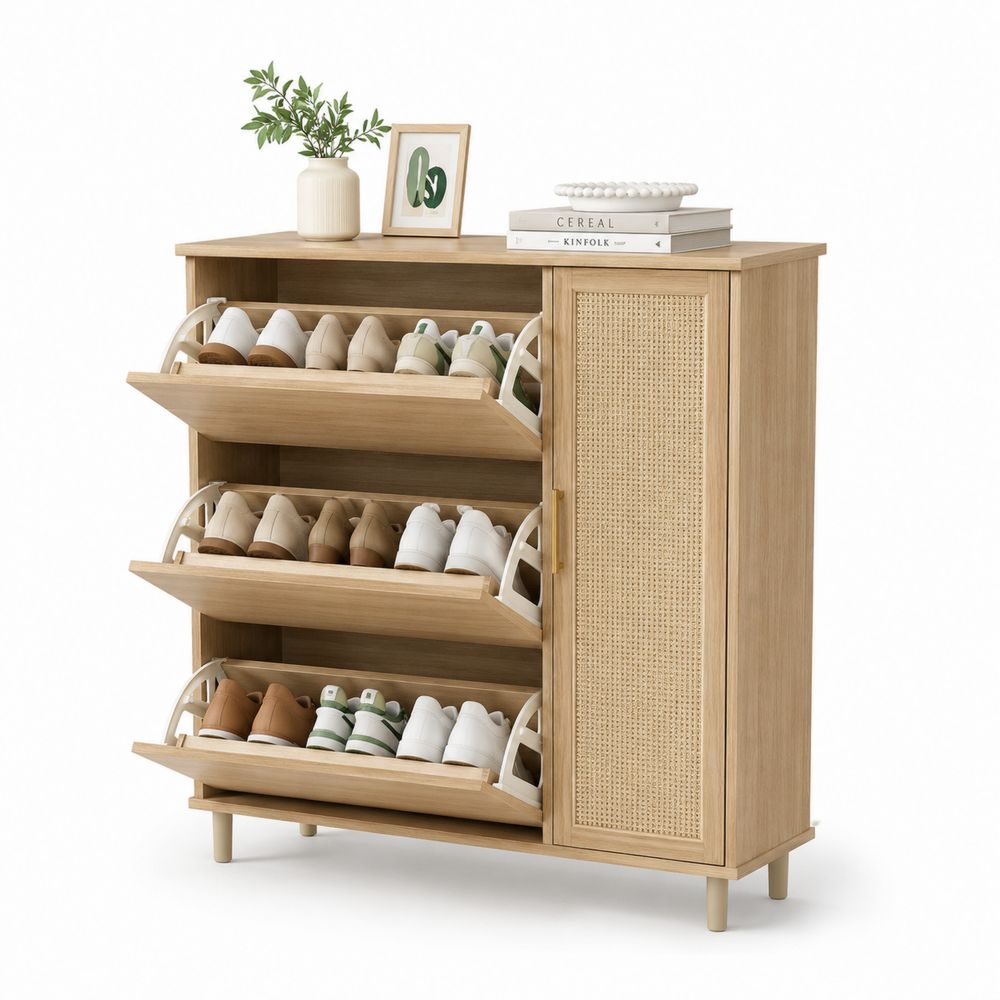 Schuhschrank Holz mit Rattan-Geflecht und 3 Klappen Natur