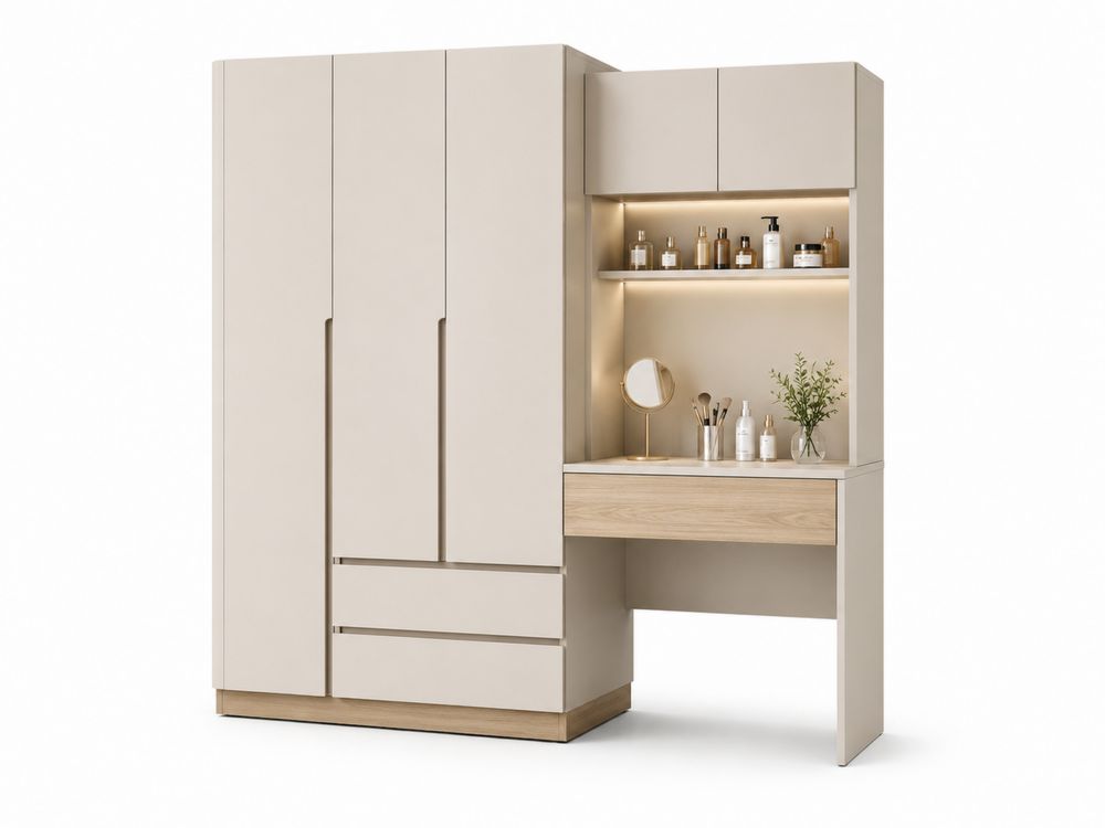Kleiderschrank mit Schminktisch Set MDF Massivholz Beige