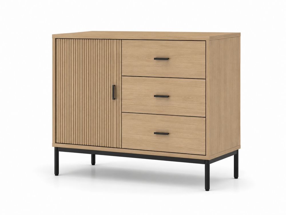 Schrank aus Eichenholz mit schwarzem Metallgestell, 3 Schubladen, 1 Tür