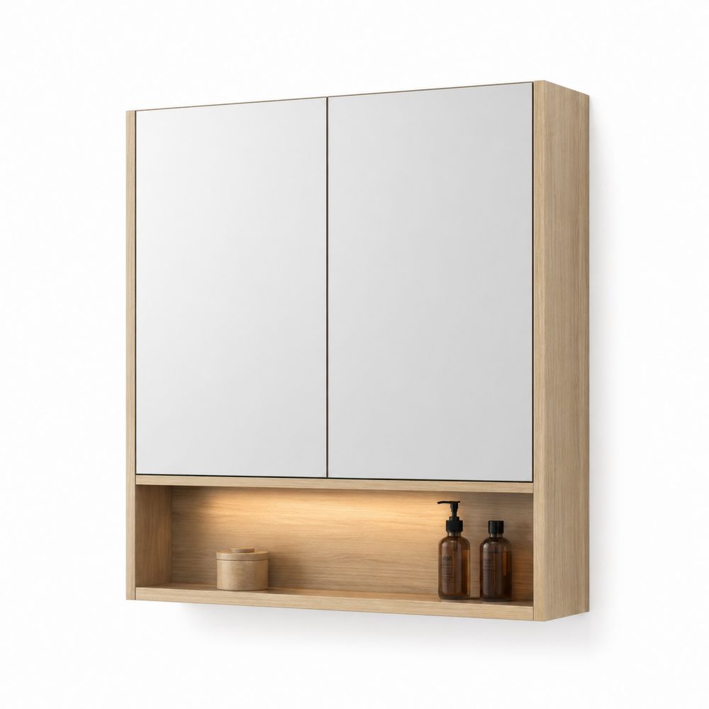 Badezimmerspiegelschrank MDF mit LED und Spiegel 80x70x16 cm