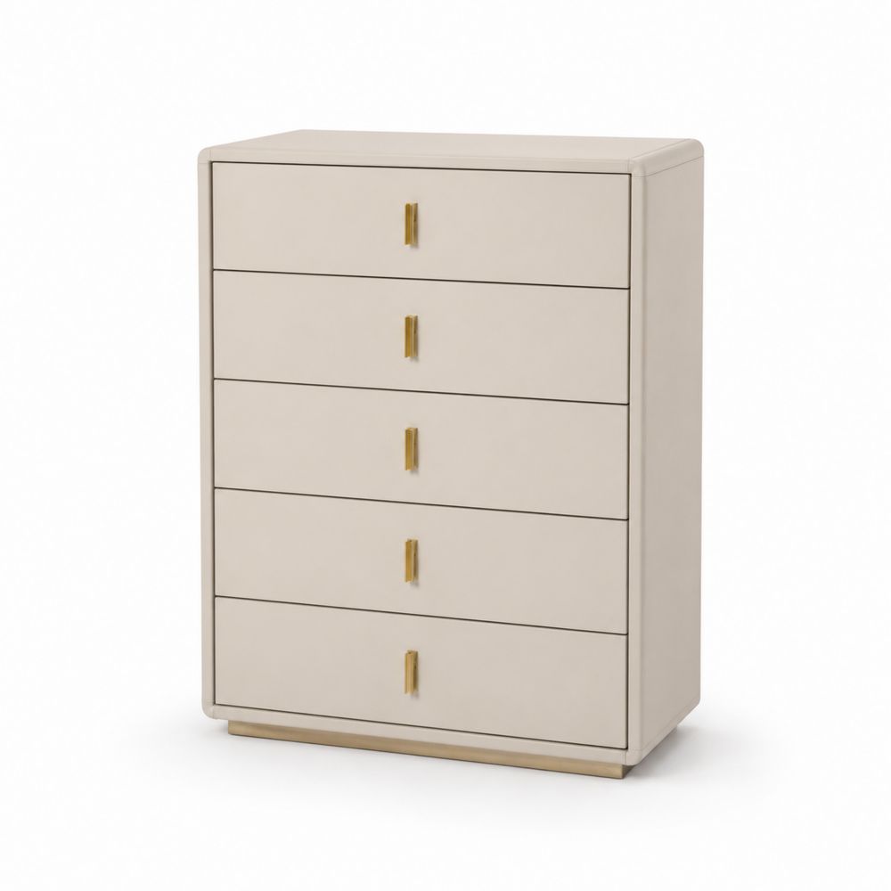 Beige Kommode mit 5 Schubladen aus MDF-Holz und Messing