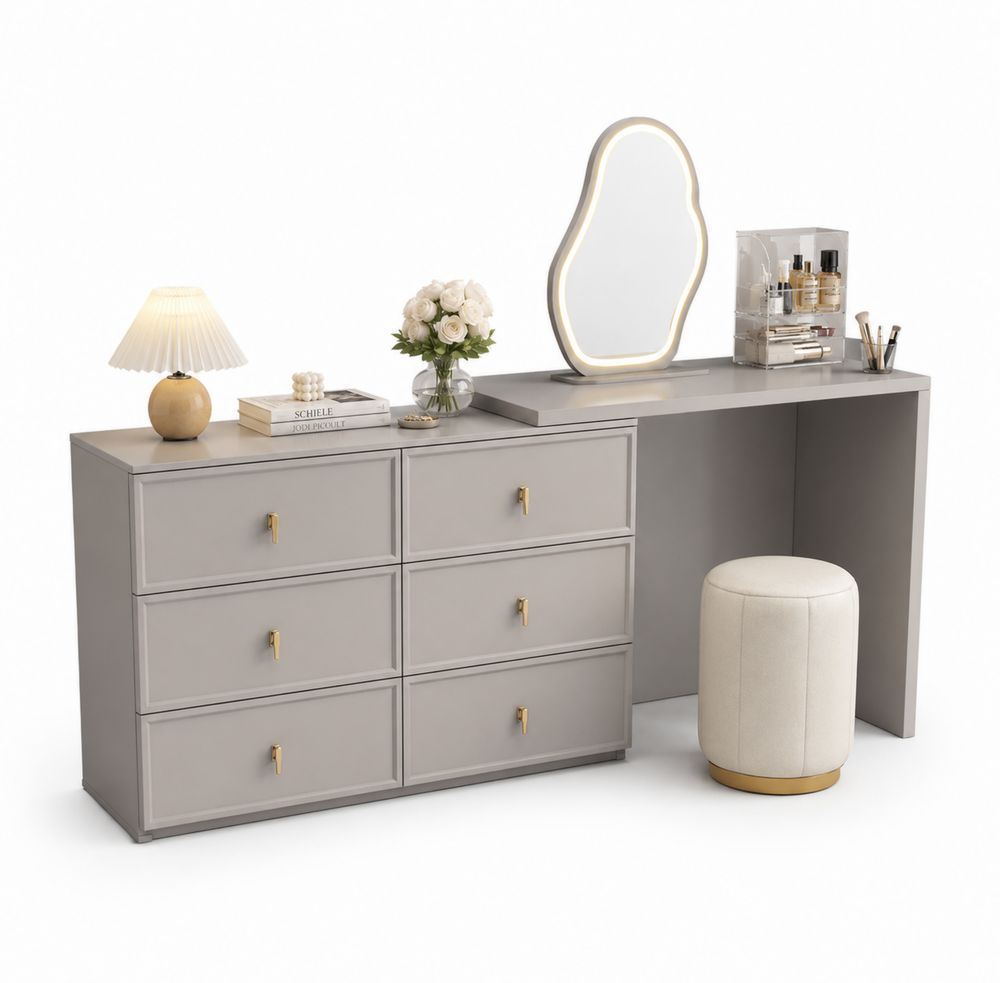 Schminktischset mit Spiegel und Hocker Grau