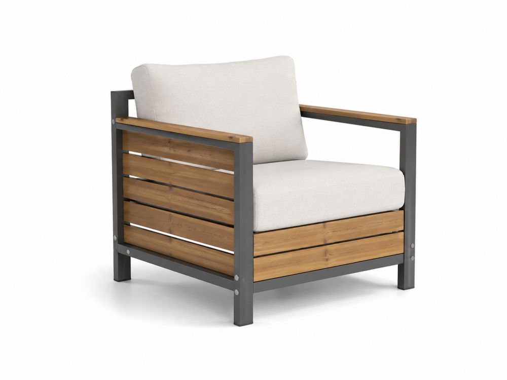 Outdoor-Sessel aus Akazienholz und Stahl mit Polyesterkissen Beige