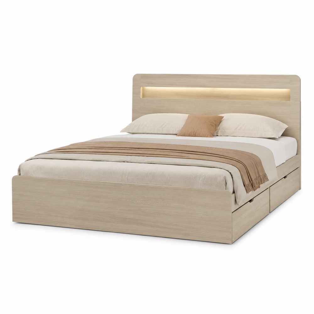 Holzbett mit Beleuchtung und Stauraum aus Eichenholz 200x180 cm Beige
