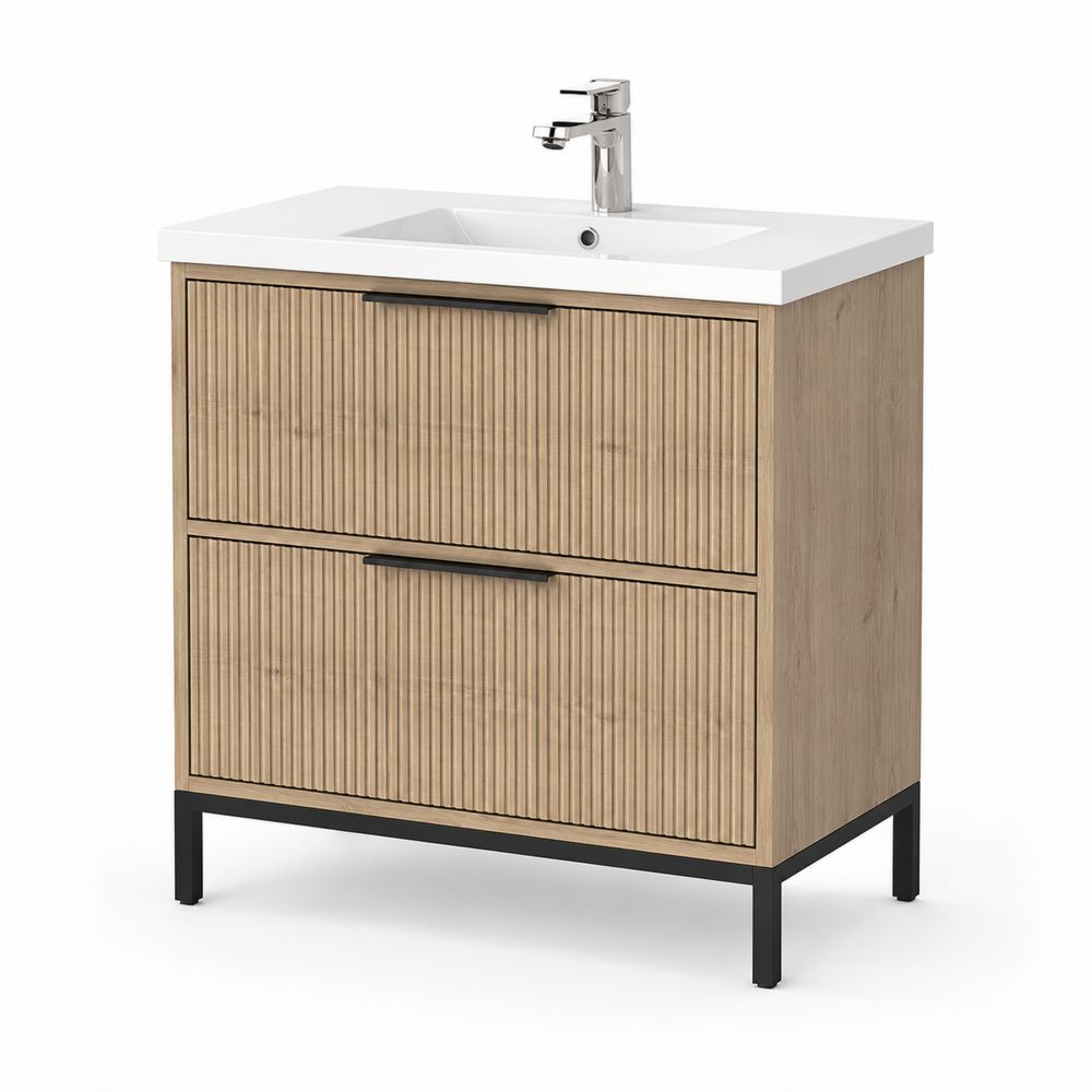 Waschtischunterschrank MDF Eichenholzoptik mit Metallrahmen Beige