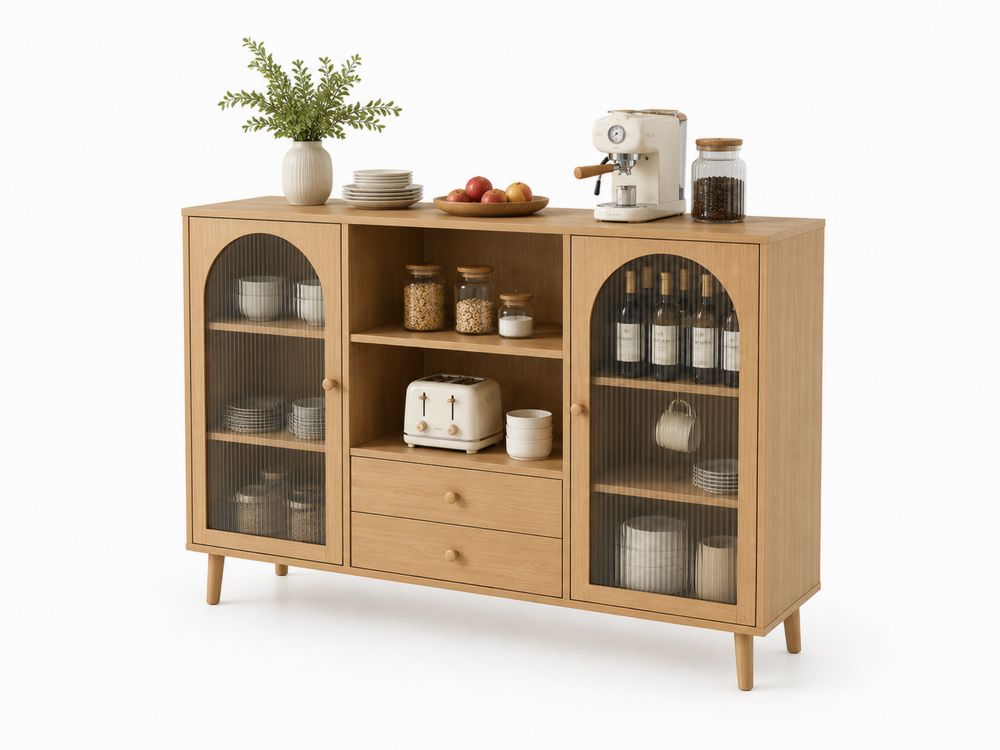 Eichenholz Buffetschrank mit Glasfronten und Schubladen, 150 x 40 x 120 cm