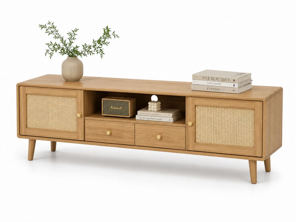 TV-Schrank aus Eichenholz und Rattan 160x40x50cm